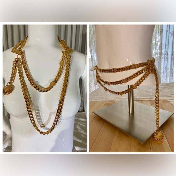 St. John Accessories - ST. JOHN - VTG - BELT / NECKLACE - Triple Gold Curb Chain with SJ Dangling Charm